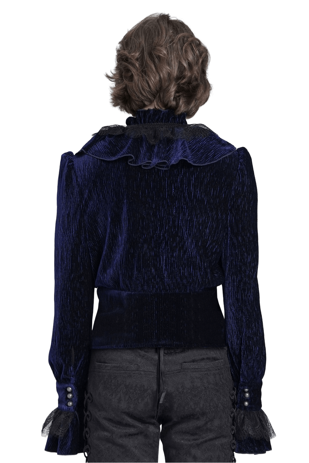 Back view of a Gothic ruffled velvet shirt featuring lace trim and pearl buttons, perfect for stylish elegance.