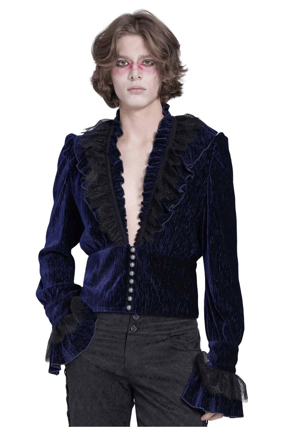 Gothic ruffled velvet shirt featuring lace and pearl accents, perfect for a dramatic and stylish look.