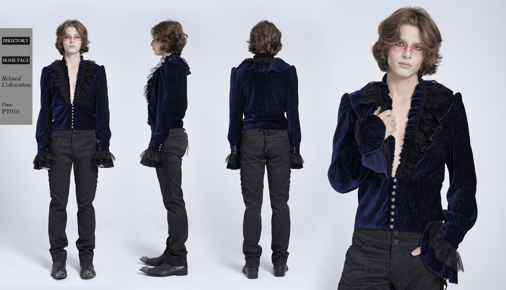 Gothic ruffled velvet shirt featuring lace and pearls, perfect for stylish and unique fashion statements.