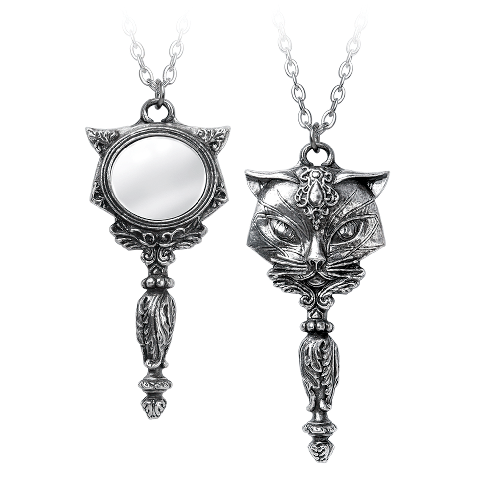 Gothic Sacred Cat Mirror Pendant with ornate pewter design, featuring a stylish cat and functional mirror, perfect for confident divinity.