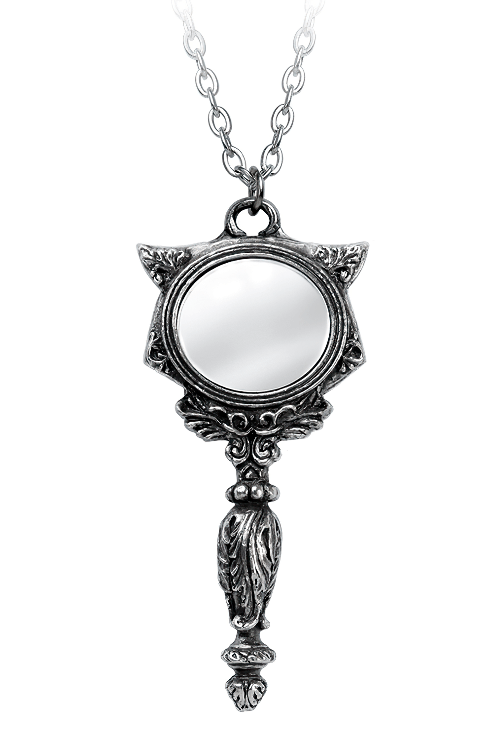 Gothic Sacred Cat mirror pendant necklace, ornate pewter design with functional mirror, perfect for confident style.