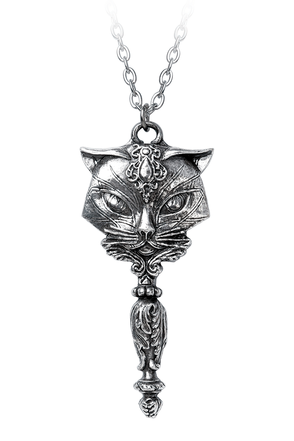 Gothic Sacred Cat mirror pendant necklace with ornate pewter detailing, showcasing a stylized cat charm.