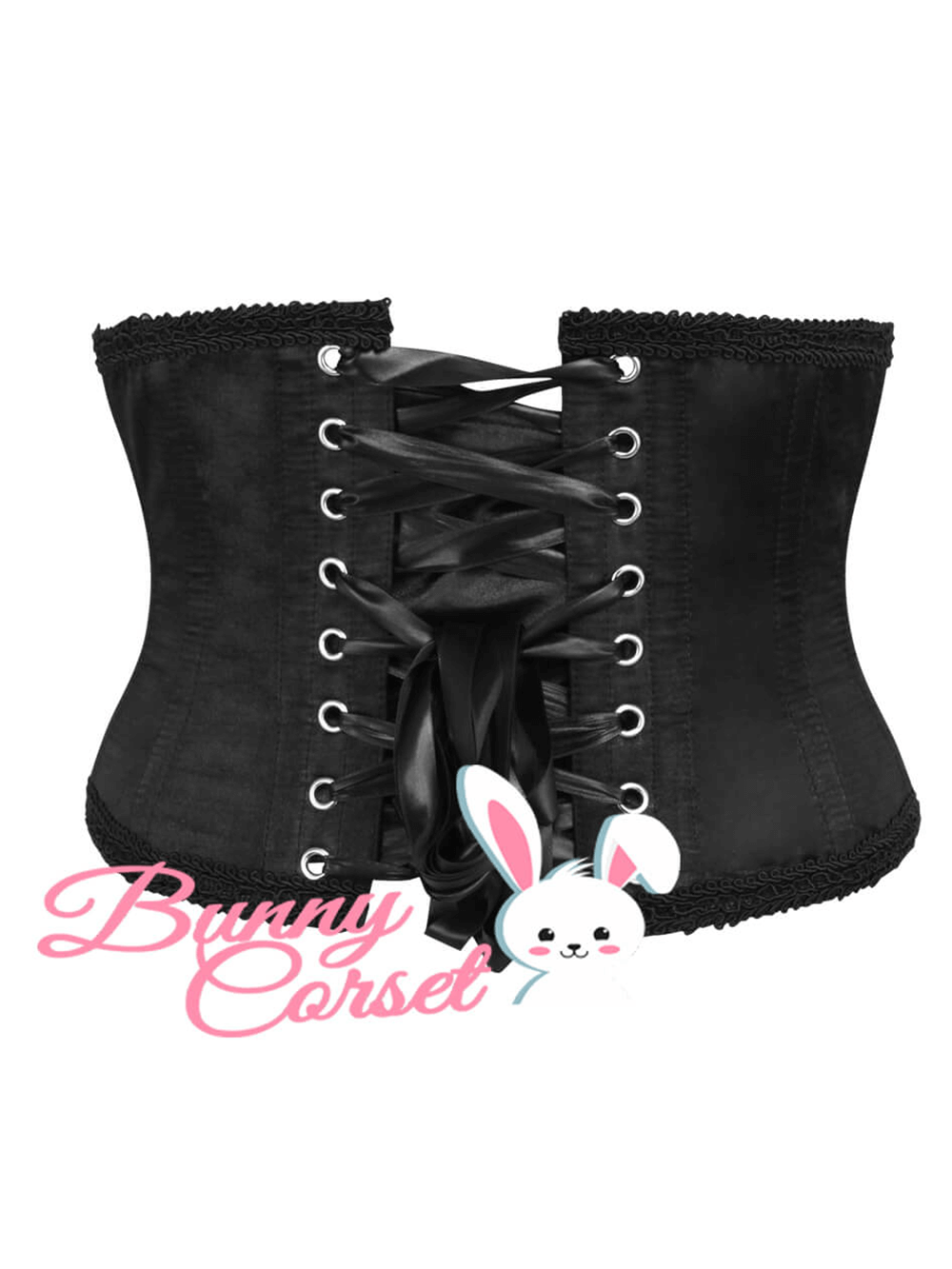 Black satin and lace underbust corset featuring a metal busk and elegant lacing for gothic-inspired looks.