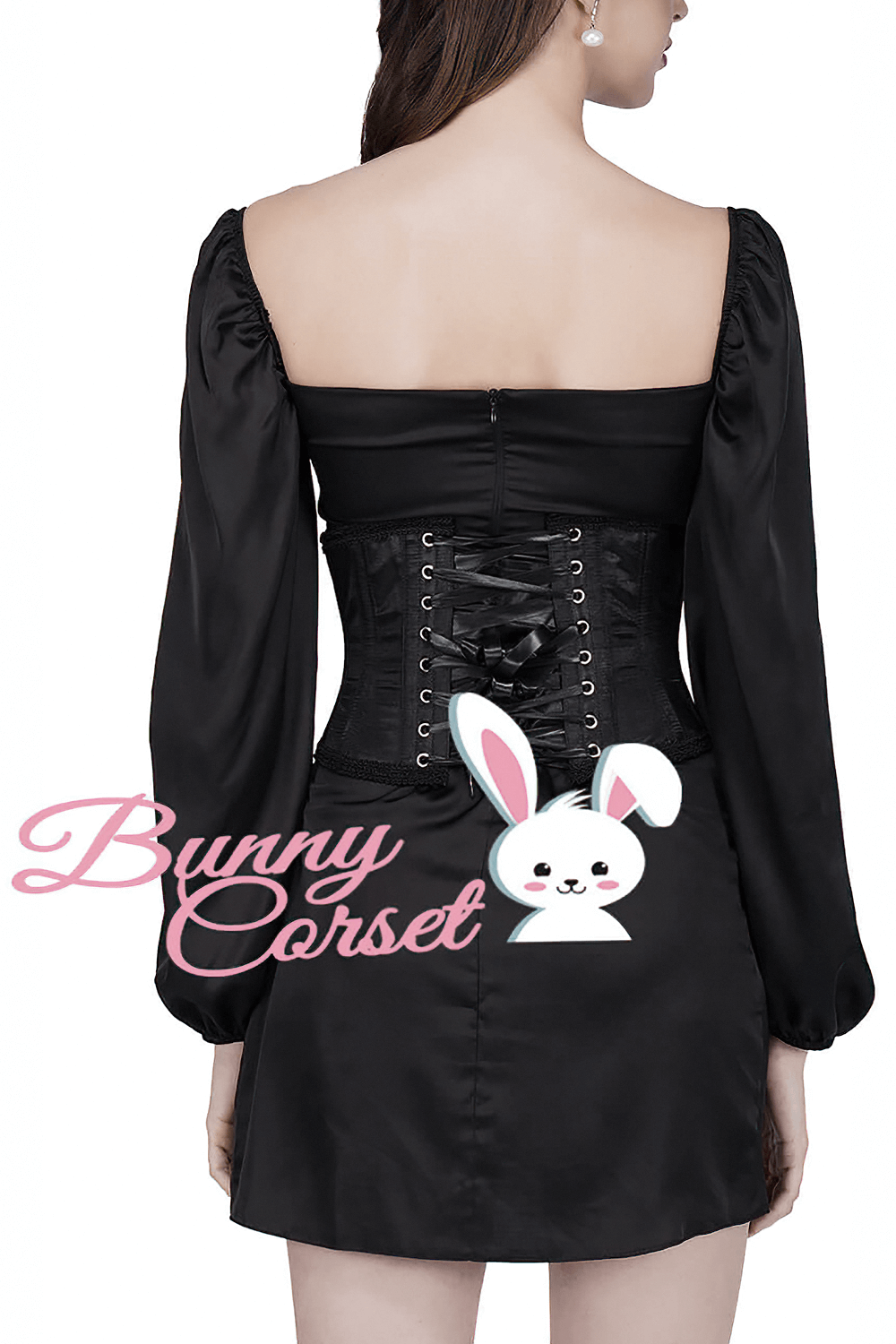 Back view of a black satin corset with lacing, paired with long puff sleeves for a chic look.