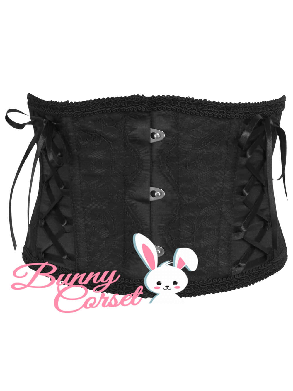 Black lace underbust corset with metal busk and back lacing for a gothic vintage look.