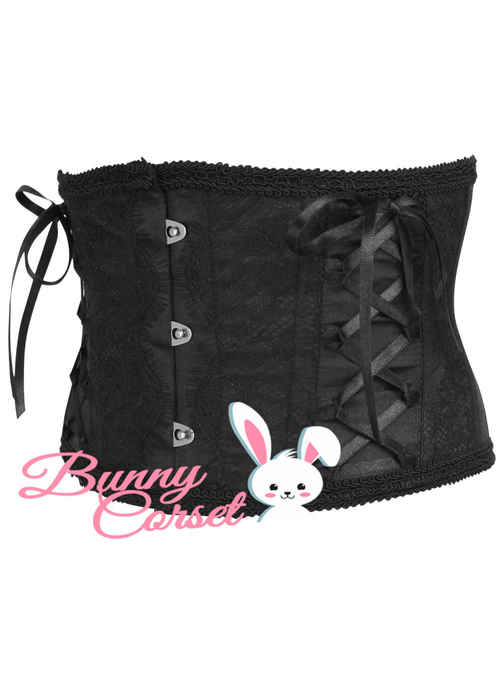 Gothic black lace underbust corset with metal busk and elegant lacing details.