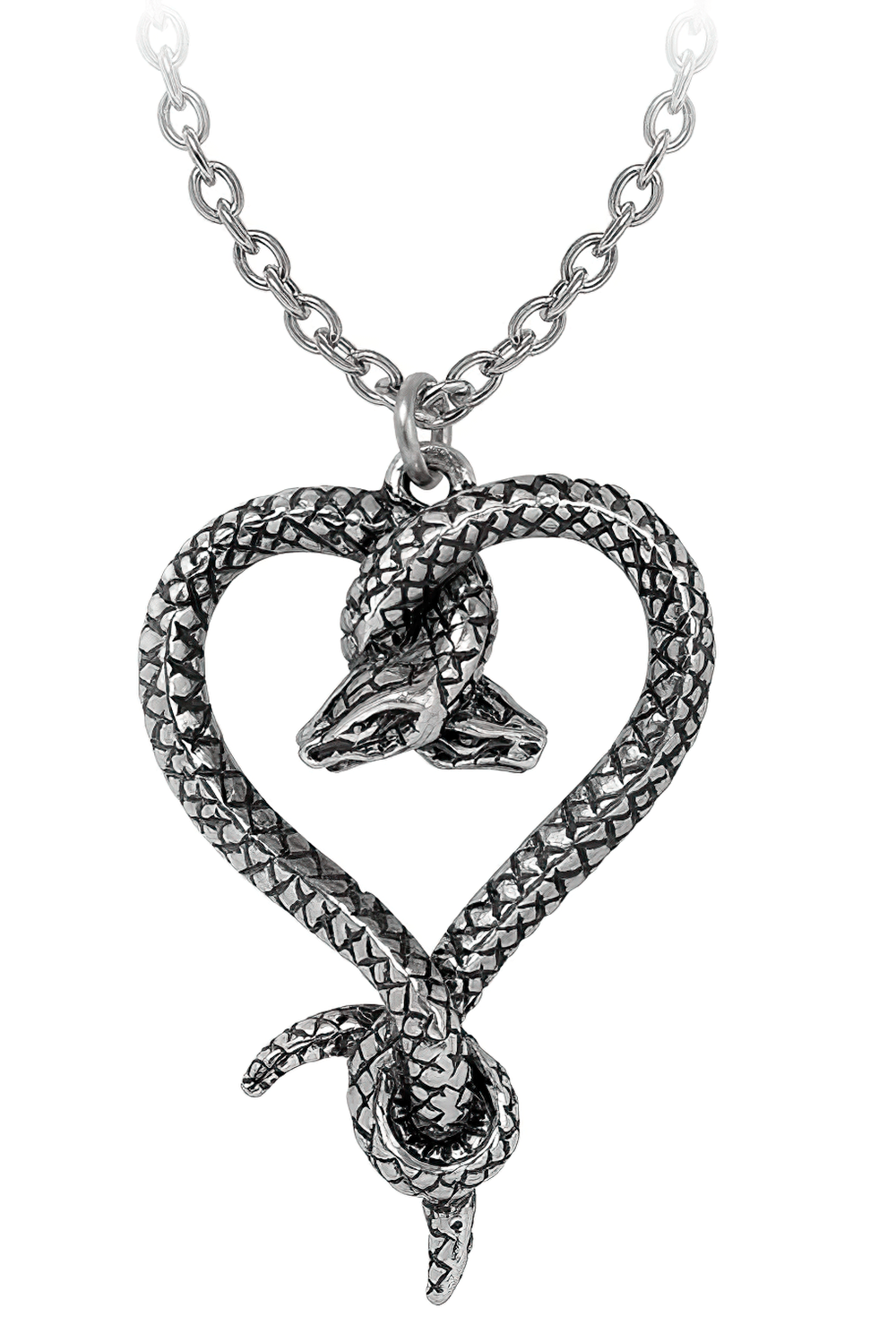 Gothic Serpent Heart Pendant Necklace for Dark Romance featuring entwined serpents and gray fine pewter design.