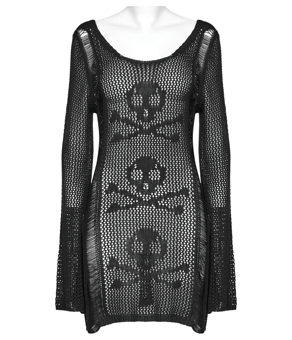 Gothic black skull knit mesh long sleeve dress with sheer design for edgy punk fashion lovers.