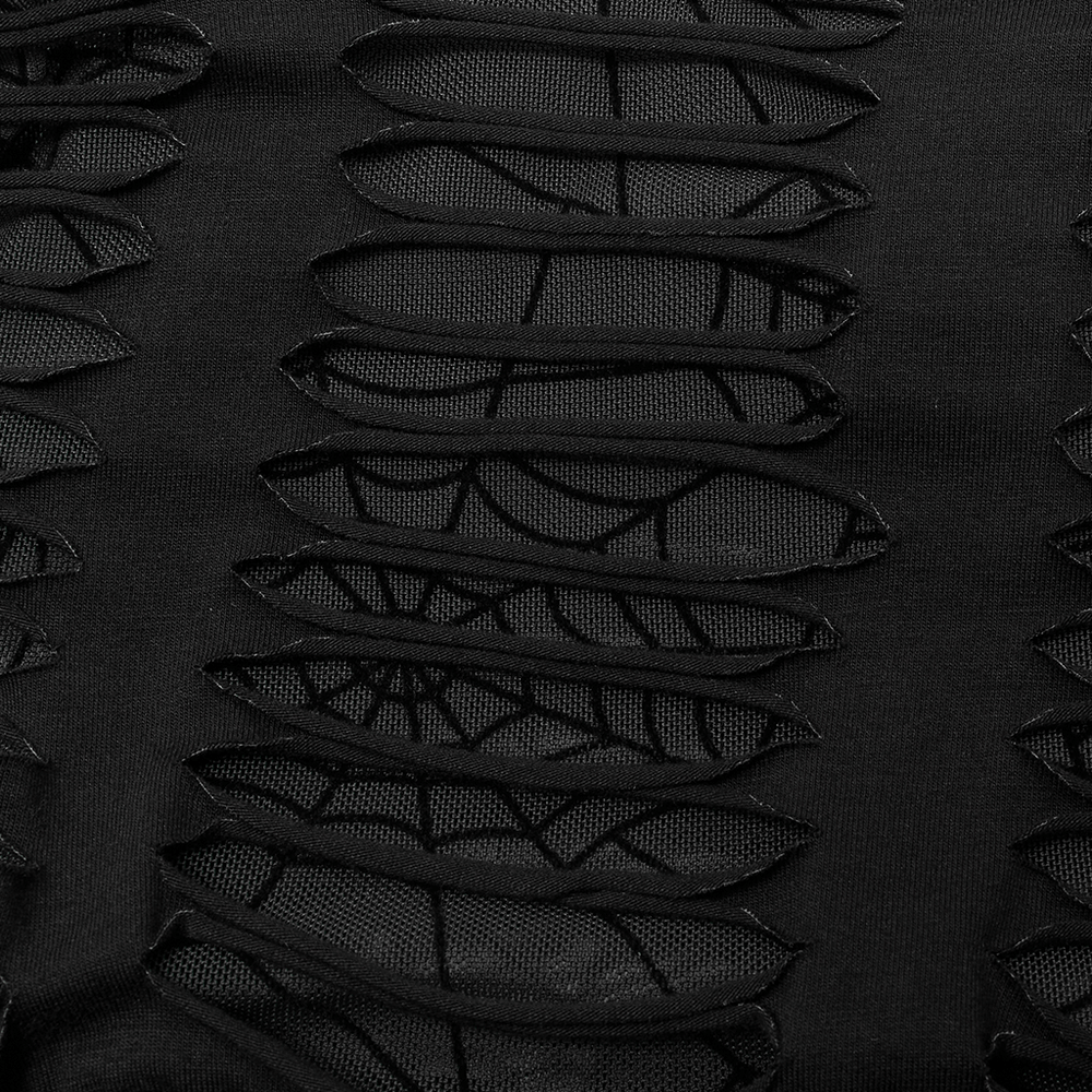 Close-up of Gothic sexy mini dress with spider web cutouts, showcasing intricate black web detail and soft fabric texture.