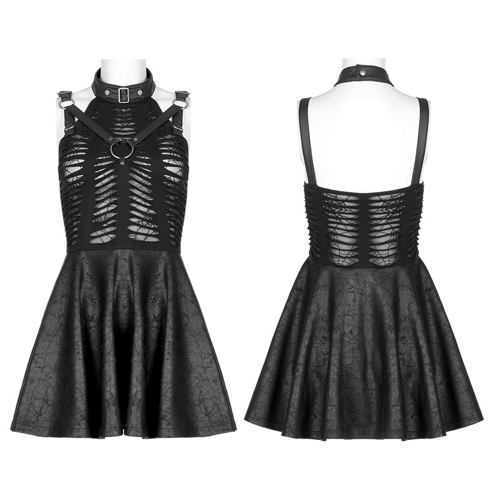 Gothic sexy mini dress with spider web cutout, showcasing intricate detail and playful swing skirt.
