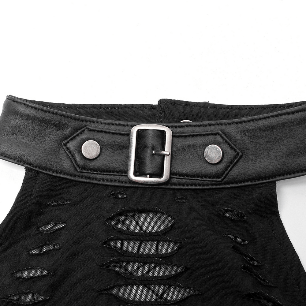 Close-up of Gothic mini dress neckline featuring a leather buckle strap and stylish cutout design.