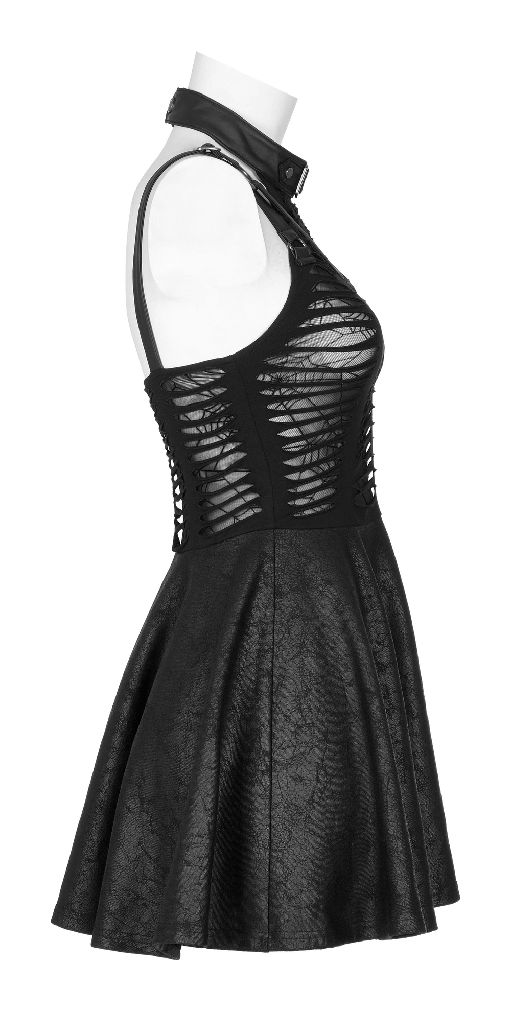 Gothic sexy cut mini dress with spider web detail and playful swing skirt, perfect for unleashing your inner goth.