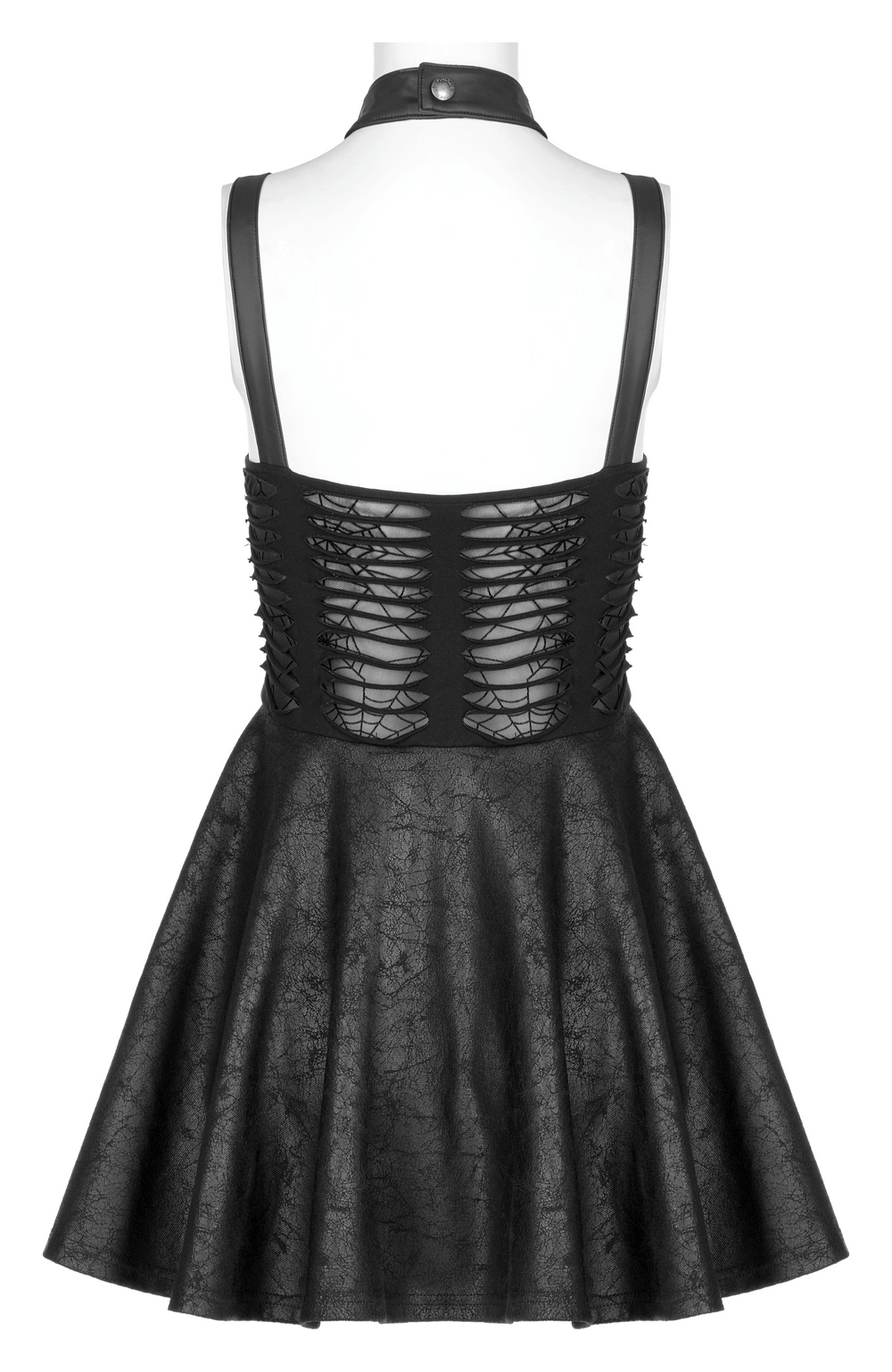 Back view of a gothic sexy mini dress with intricate lace-up spider web detail and playful swing skirt hem.