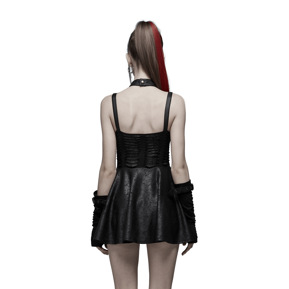 Back view of a gothic sexy mini dress with spider web detail, featuring a playful swing skirt and edgy design.