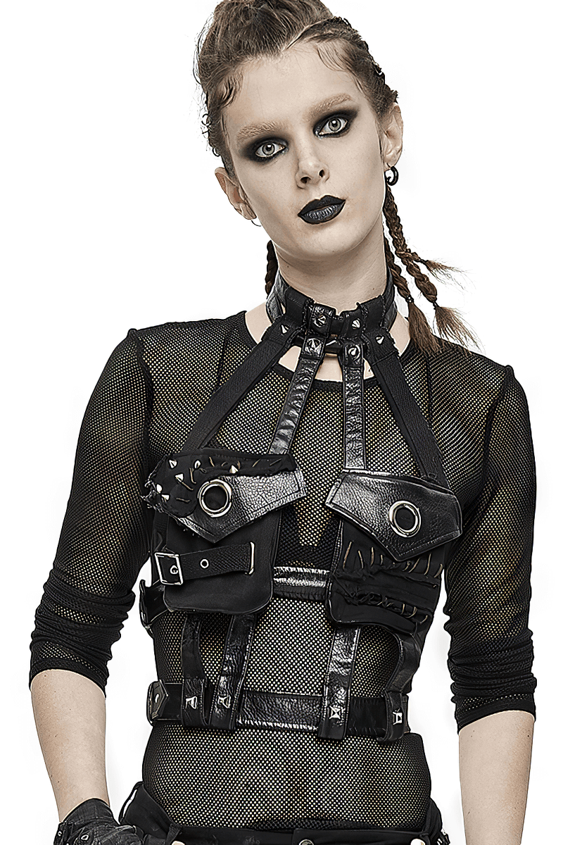 Gothic sexy faux leather body bondage harness with stylish rivets and pockets, perfect for intimate wear.