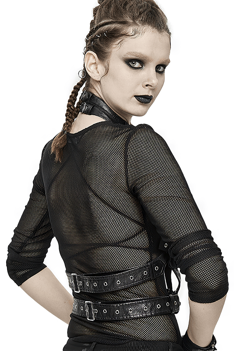 Gothic sexy PU leather body harness with silver rivets worn by a model in a stylish black mesh top.