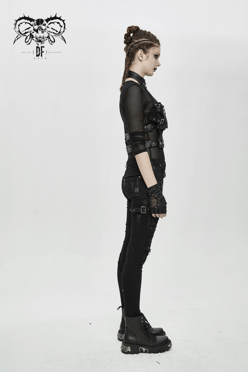 Side view of a model in a gothic faux leather harness and gloves, showcasing a stylish and edgy look.