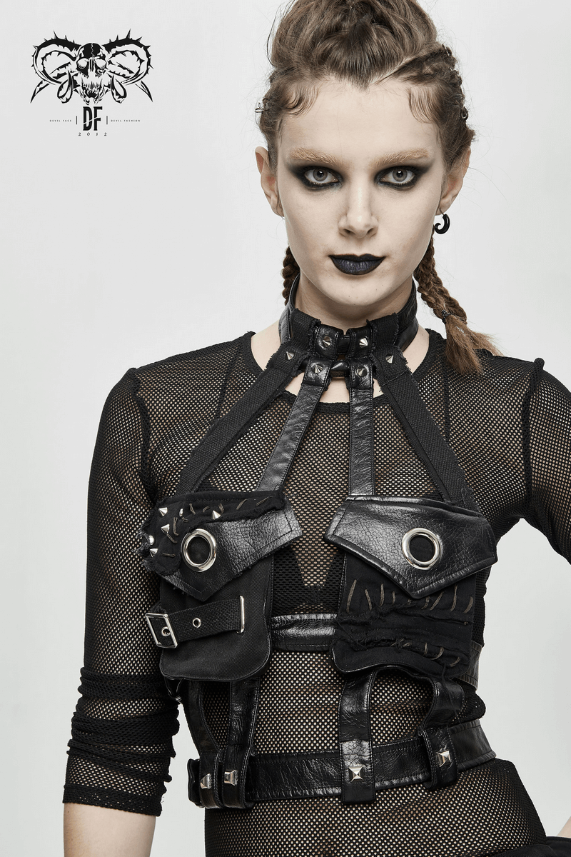 Gothic sexy faux leather body harness with silver rivets, enhancing the edgy fashion of an alternative style.