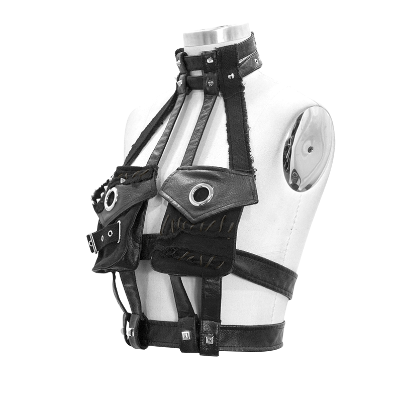 Gothic faux leather body bondage harness with silver rivets and stylish pockets for women.