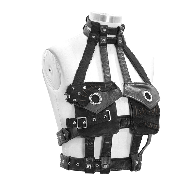 Gothic sexy faux leather body bondage harness with silver rivets and stylish pockets for women.