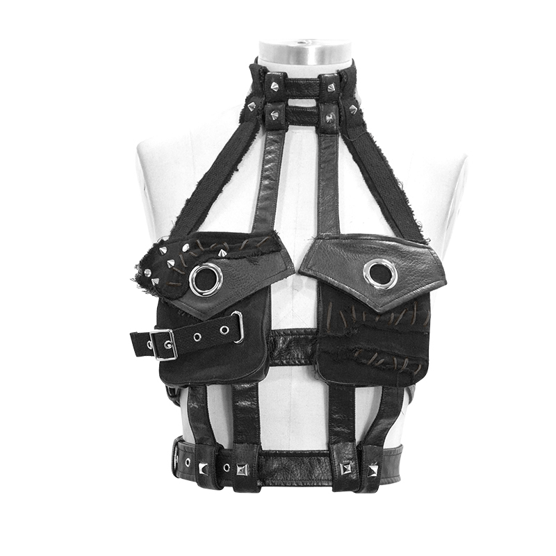 Gothic sexy faux leather body bondage harness with silver rivets and stylish pockets, perfect for intimate wear.