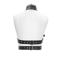 Back view of a Gothic sexy faux leather body harness with silver rivets, perfect for erotic fashion and intimate wear.