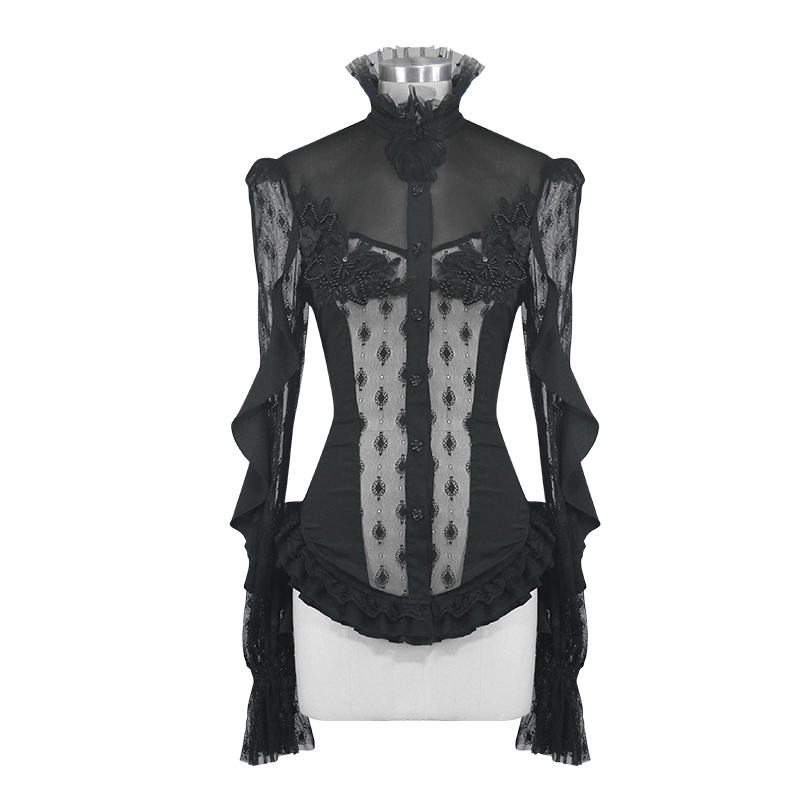 Gothic black lace beading blouse with long sleeves and lace-up back, elegant vintage women's shirt.
