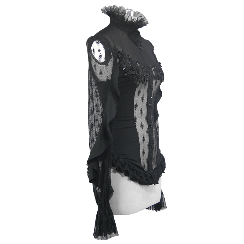 Elegant black gothic blouse with lace beading and sheer long sleeves, featuring a vintage cut and lace-up back.