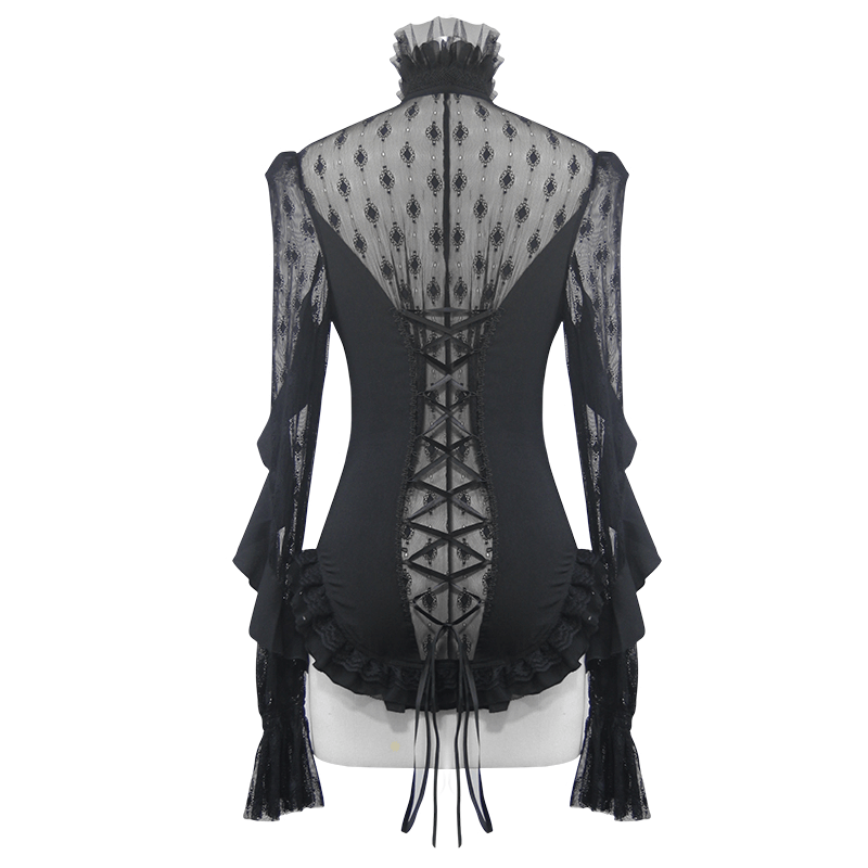 Elegant women's gothic black lace beading blouse with lace-up back and ruffled sleeves, perfect for adding flair to your wardrobe.