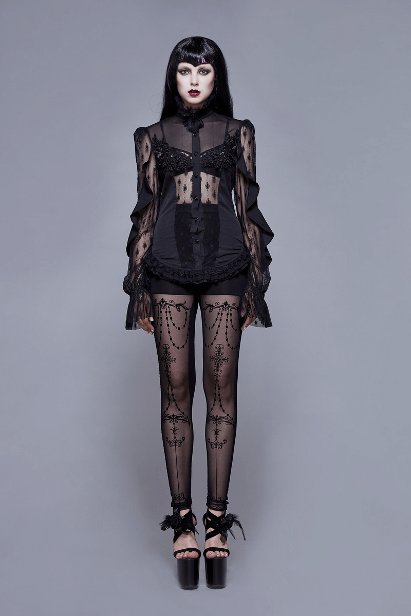 Gothic sexy lace beading blouse with long sleeves and lace-up back, paired with sheer patterned tights and high heels.