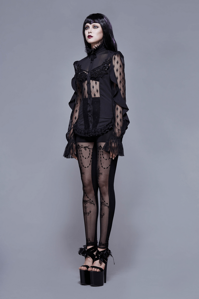 Gothic sexy lace beading blouse with lace-up back, stylish black long sleeve shirt for women in vintage gothic design.