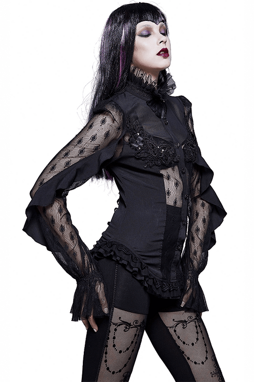 Chemisier à perles en dentelle gothique sexy / chemise à manches longues pour femmes avec dos à lacets