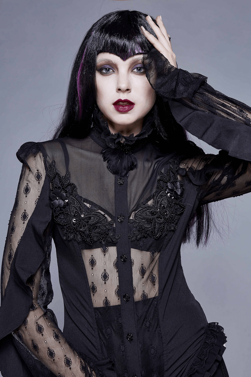 Gothic women's black lace blouse with intricate beading and lace details, featuring long sleeves and a vintage flair.
