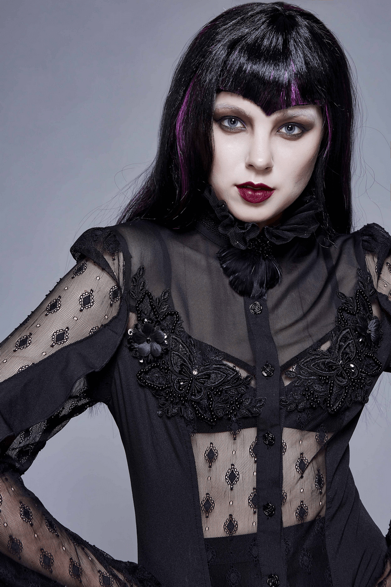 Elegant gothic blouse featuring sheer fabric and intricate lace detailing, perfect for a stylish wardrobe upgrade.