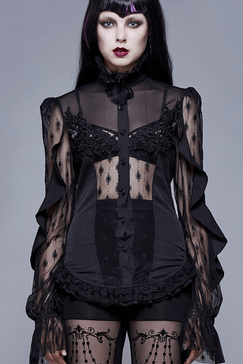 Elegant black gothic blouse with lace beading and sheer sleeves, perfect for a stylish vintage look.