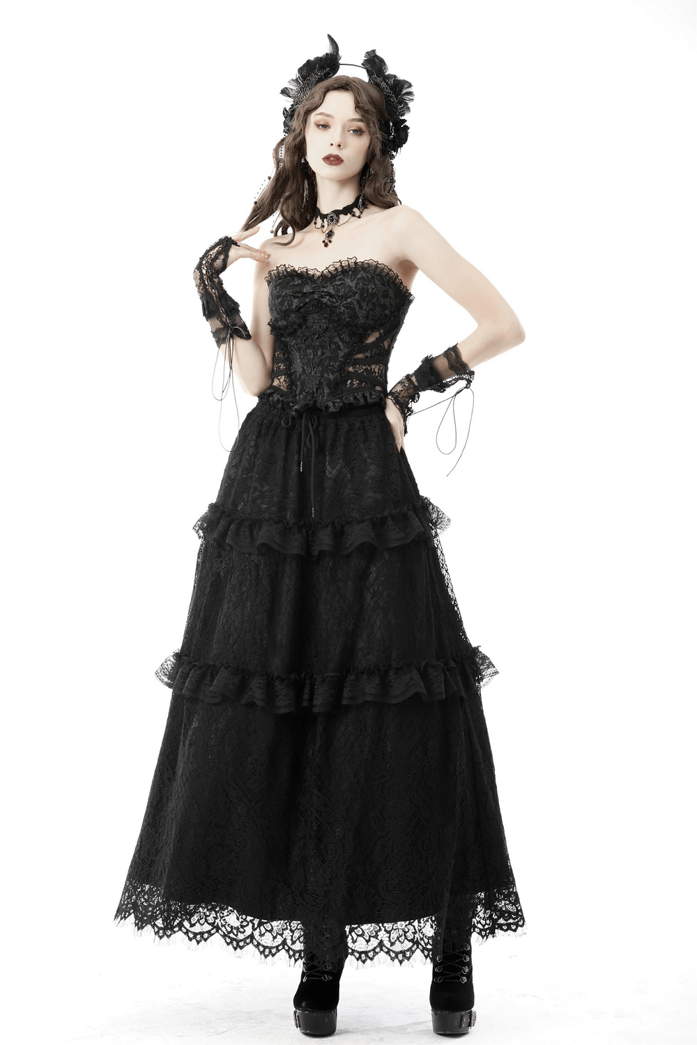 Gothic Sexy Lace-Up Black Lace Corset With Ruffles