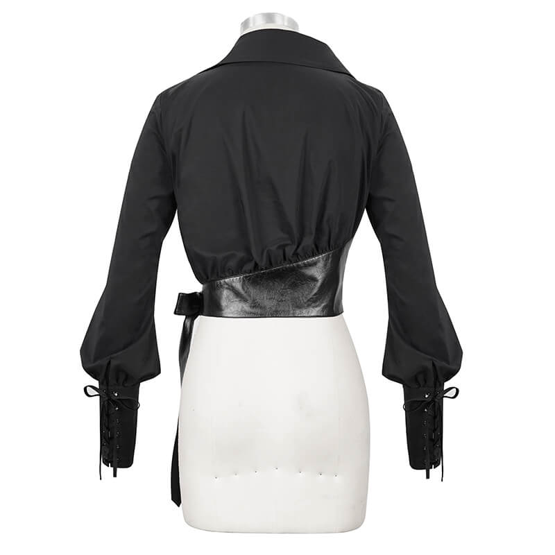 Gothic Sexy Long Sleeve Short Blouse For Women / Fashion Female Shirt with PU Leather Bow - HARD'N'HEAVY