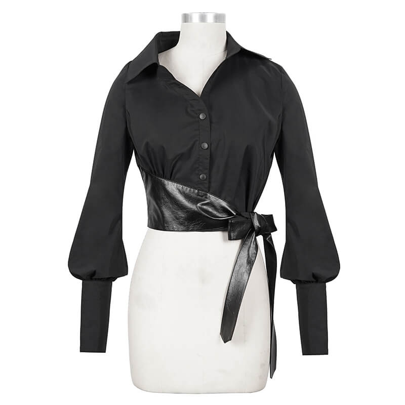 Gothic Sexy Long Sleeve Short Blouse For Women / Fashion Female Shirt with PU Leather Bow - HARD'N'HEAVY