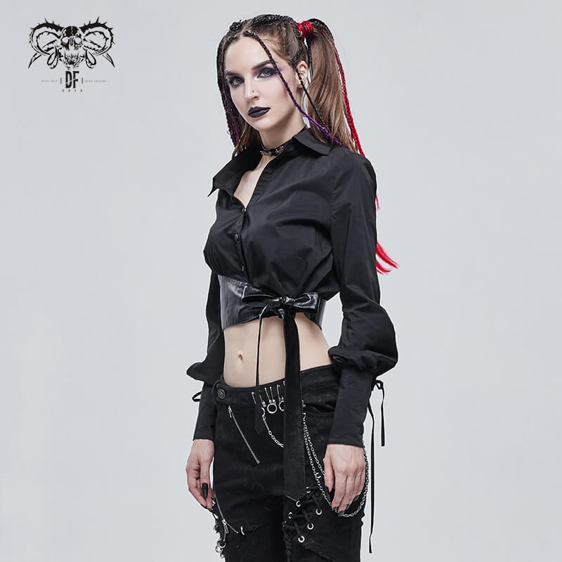 Gothic Sexy Long Sleeve Short Blouse For Women / Fashion Female Shirt with PU Leather Bow - HARD'N'HEAVY