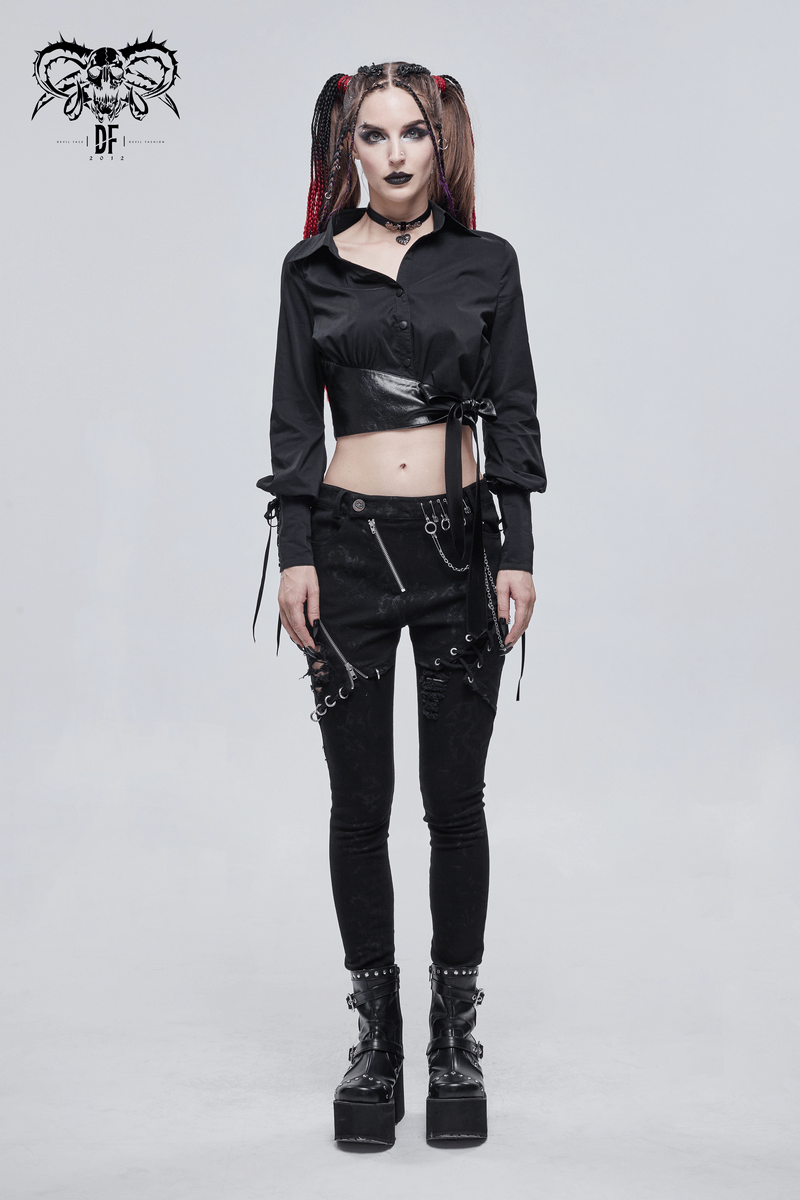 Gothic Sexy Long Sleeve Short Blouse For Women / Fashion Female Shirt with PU Leather Bow - HARD'N'HEAVY