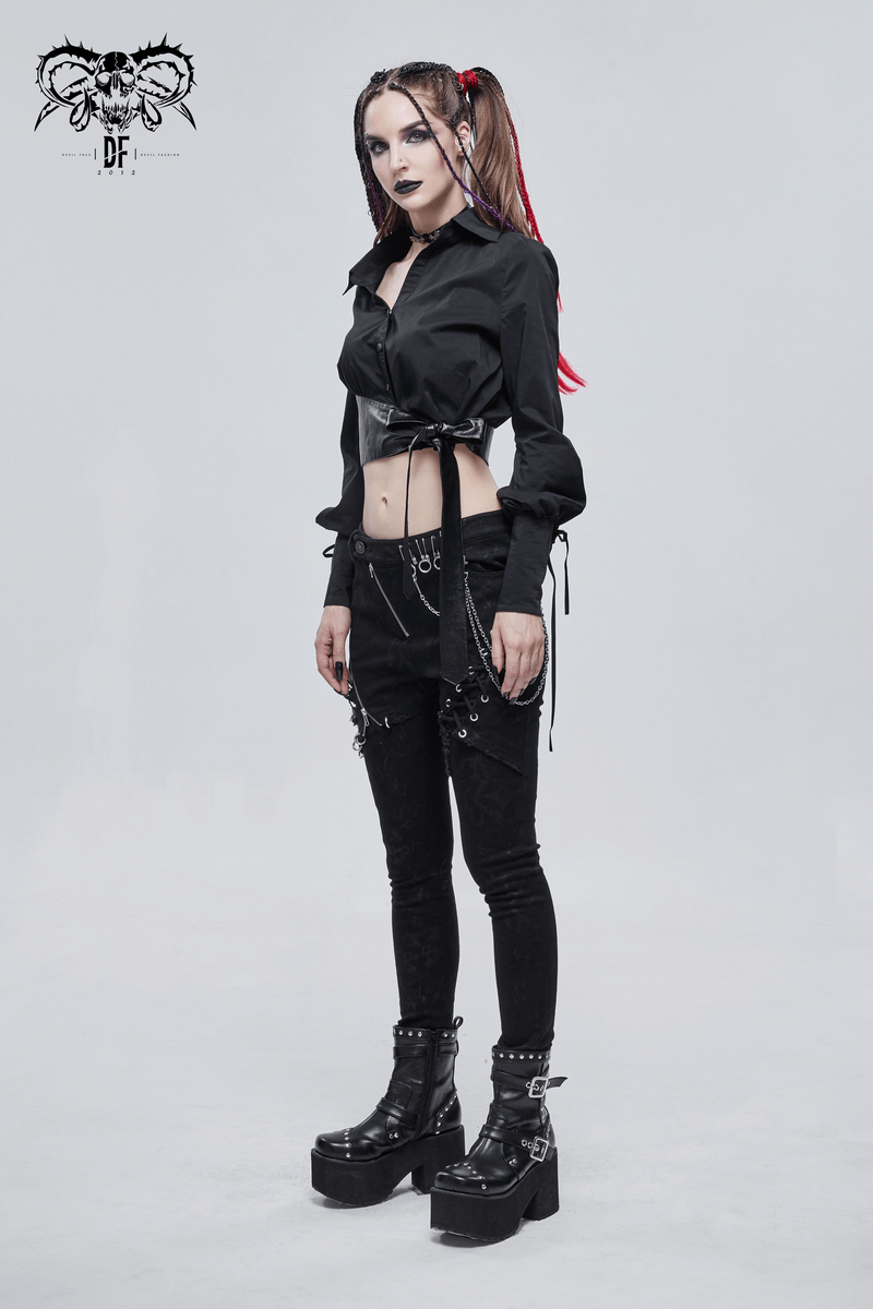 Gothic Sexy Long Sleeve Short Blouse For Women / Fashion Female Shirt with PU Leather Bow - HARD'N'HEAVY