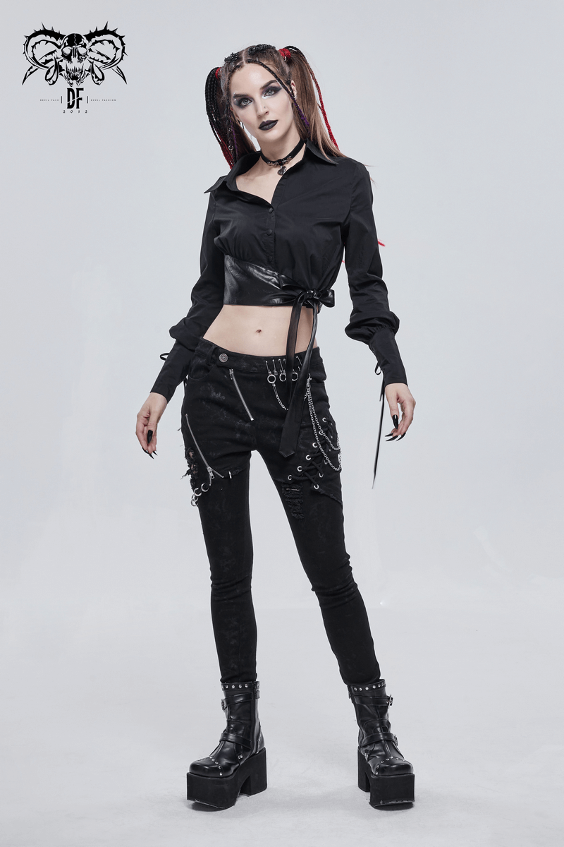 Gothic Sexy Long Sleeve Short Blouse For Women / Fashion Female Shirt with PU Leather Bow - HARD'N'HEAVY