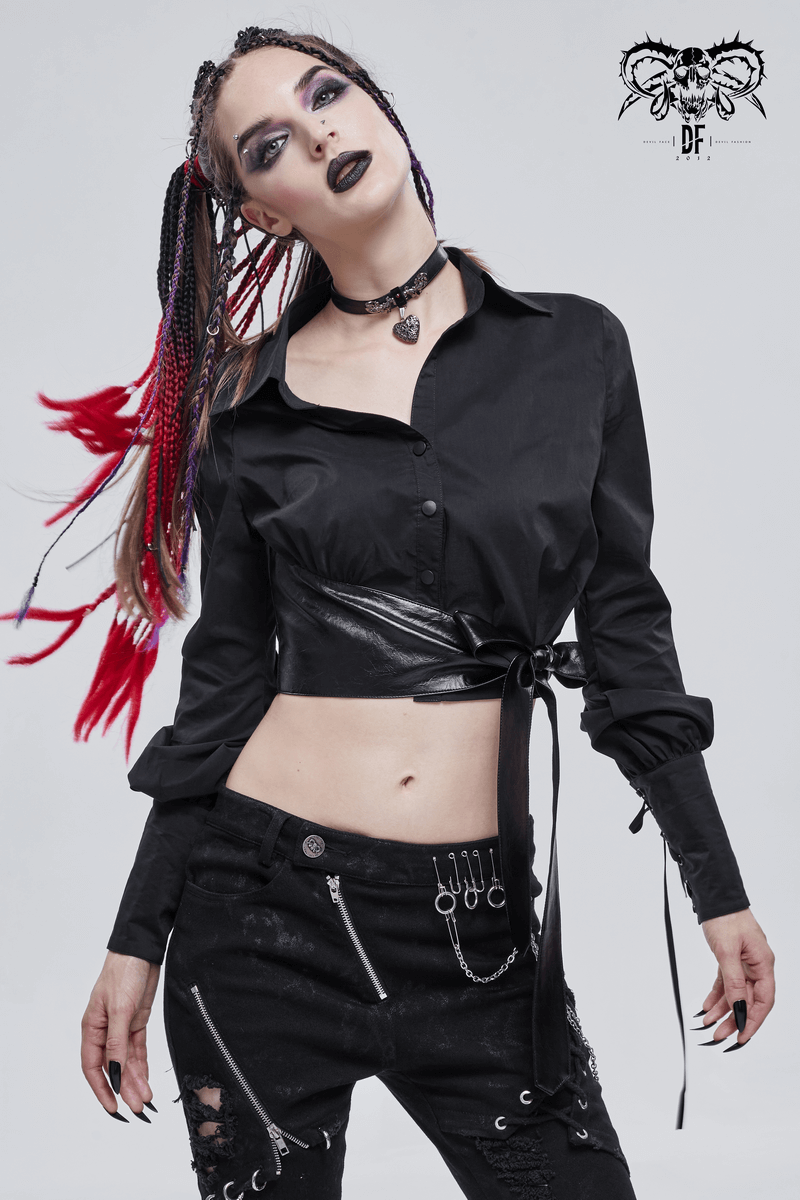 Gothic Sexy Long Sleeve Short Blouse For Women / Fashion Female Shirt with PU Leather Bow - HARD'N'HEAVY