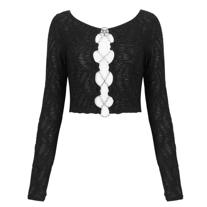 Gothic long sleeve black crop top with cut-out design and delicate chain lace-up detailing.