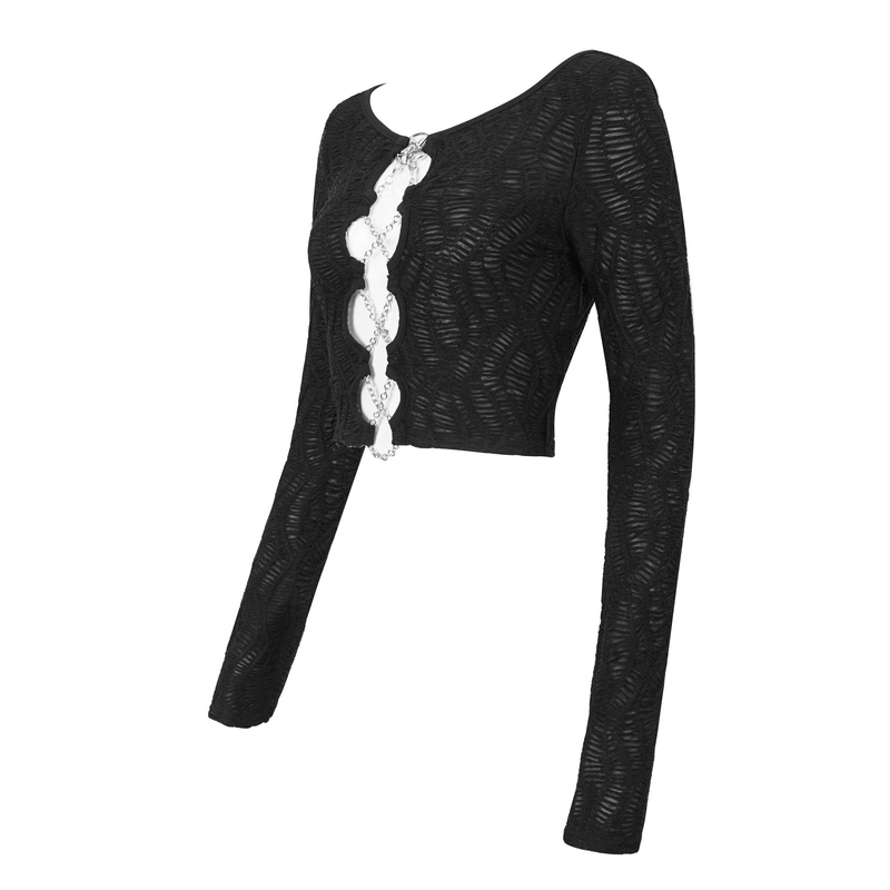 Gothic black long-sleeved crop top featuring dramatic chain lace-up details and cut-out design.