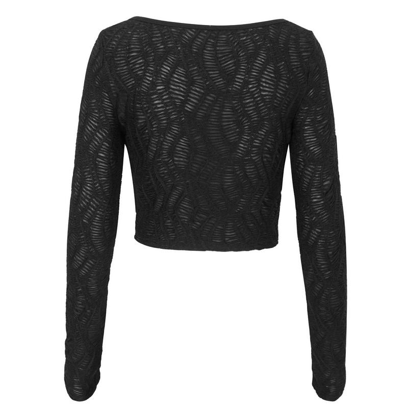 Back view of a gothic long-sleeved black crop top with intricate lace design, perfect for a sultry fashion statement.