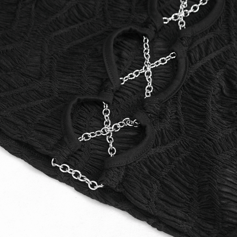 Black Gothic crop top close-up featuring chain lace-up details and cut-out design for a sultry look.