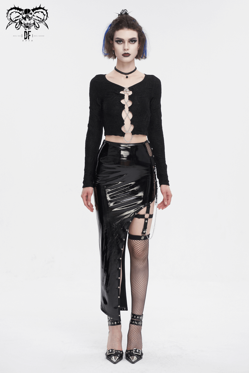 Gothic sexy long sleeve cut-out black crop top with chain lace-up, paired with a sleek black latex skirt.