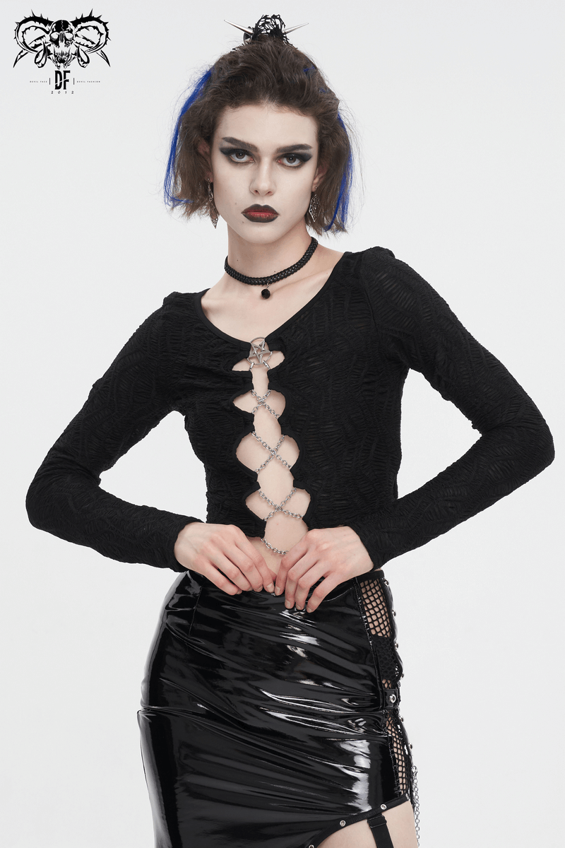 Gothic sexy long sleeve black crop top with chain lace-up detail and dramatic cut-out design.