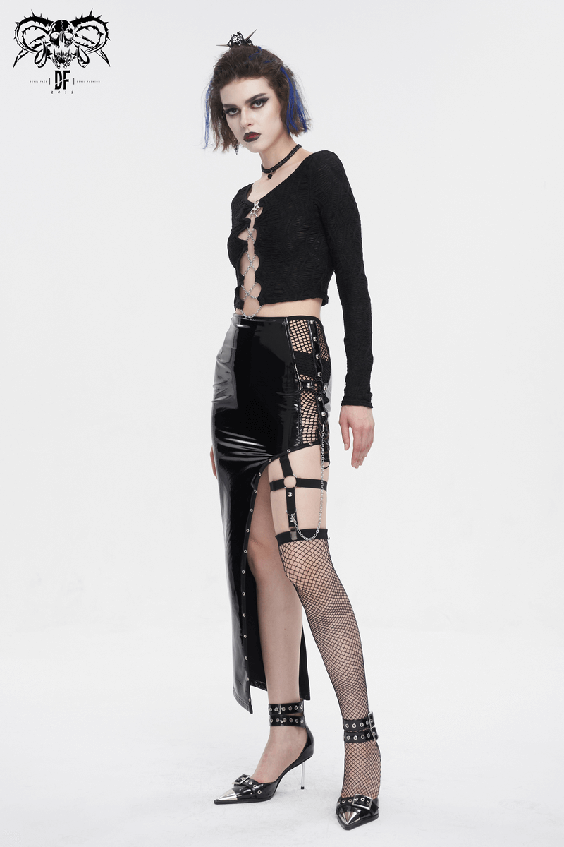 Gothic sexy long sleeve cut-out black crop top paired with a dramatic black skirt, exuding edgy elegance.